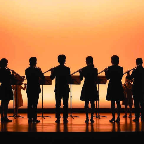 Twelve flautists, seen from behind, are positioned on a brightly lit perfor_20250927_221028_0000