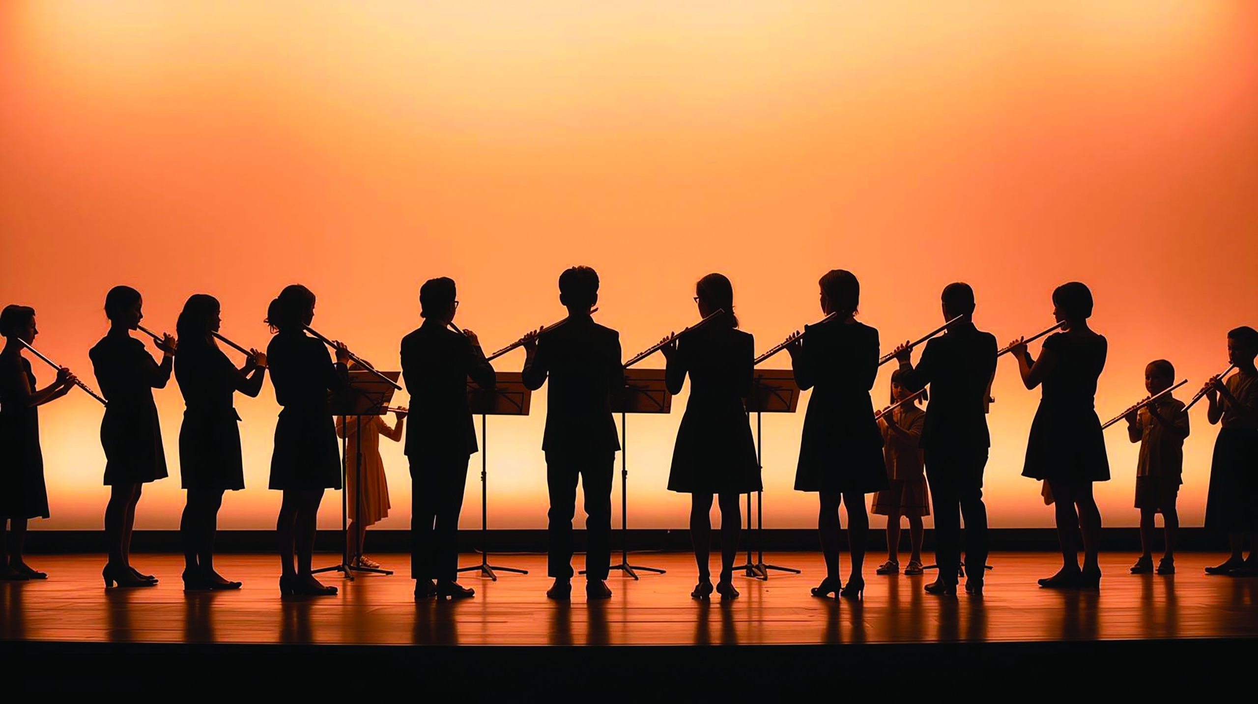 Twelve flautists, seen from behind, are positioned on a brightly lit perfor_20250927_221028_0000